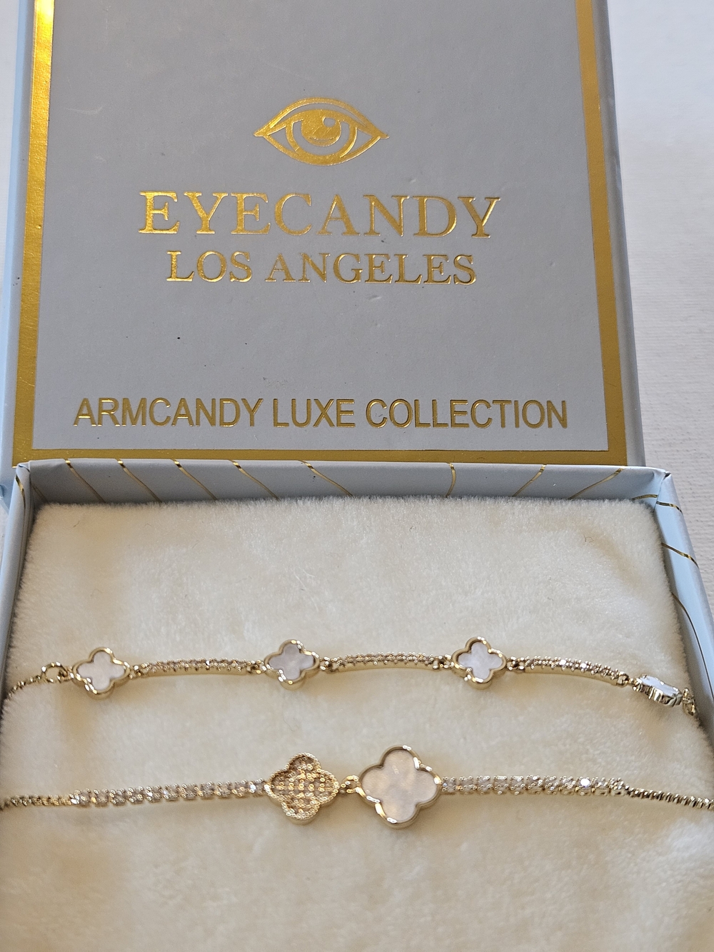 Eye Candy Gold and White Clover Bracelet Duo